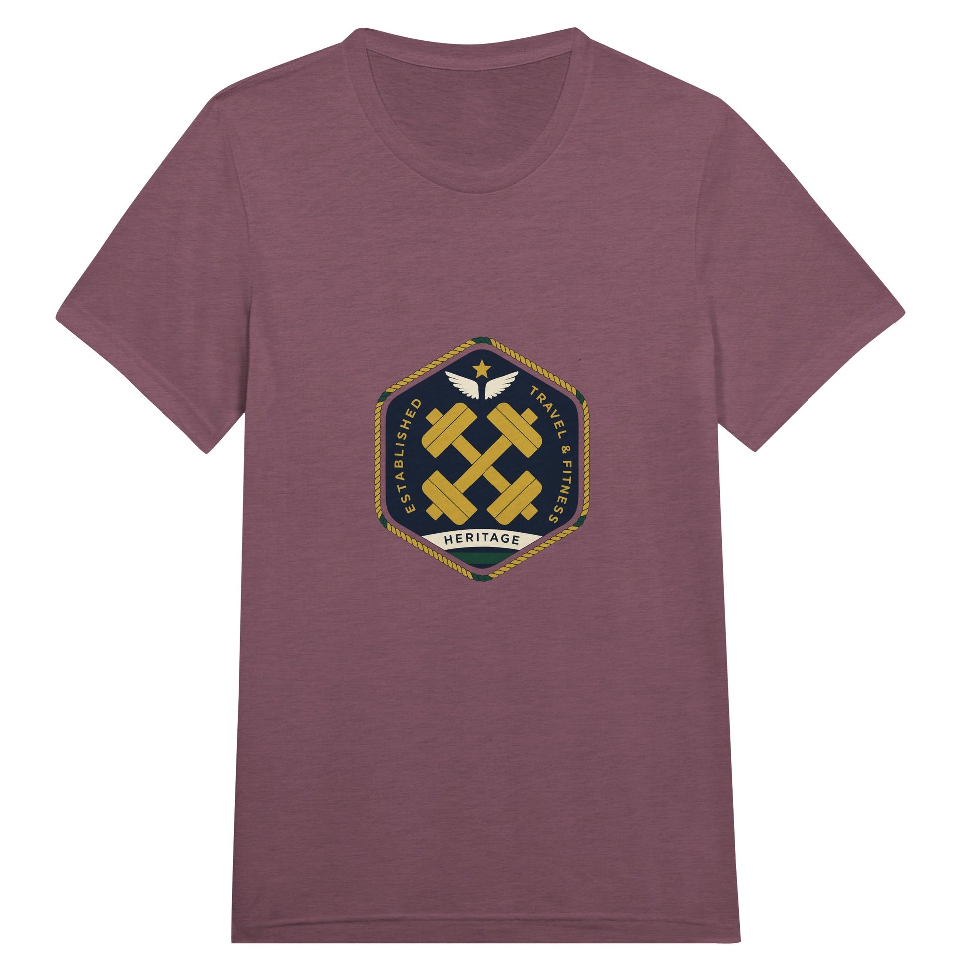 Heritage Standard crest-emblem travel tee, Dumbbells & Hotels road warrior apparel