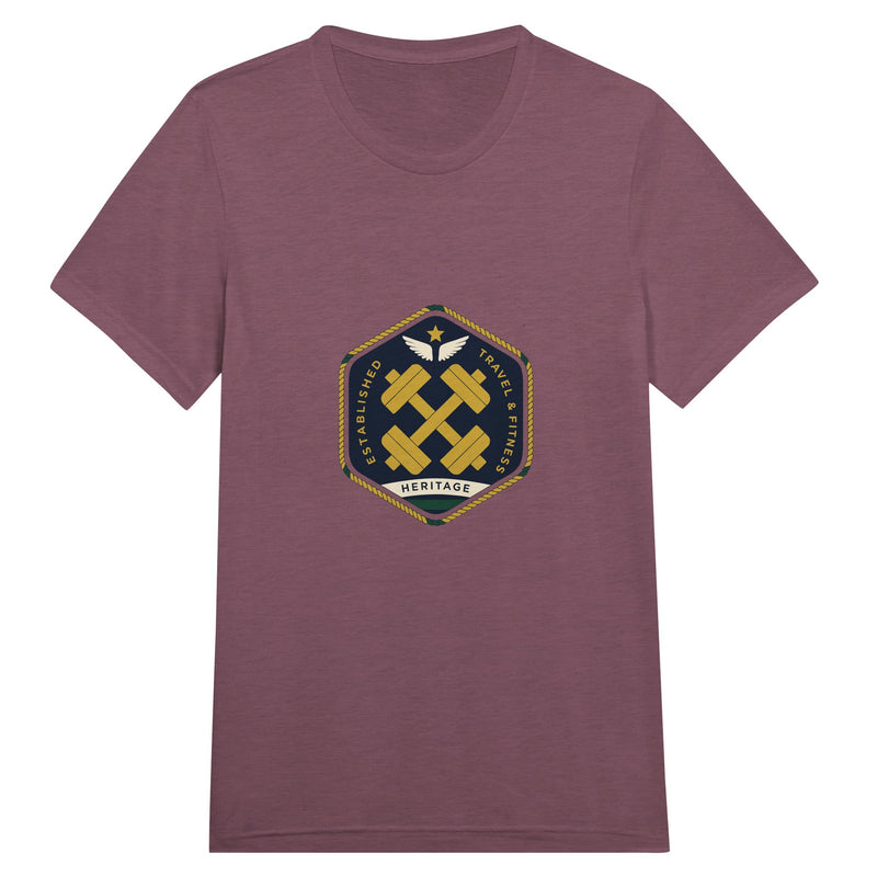 Heritage Standard crest-emblem travel tee, Dumbbells & Hotels road warrior apparel