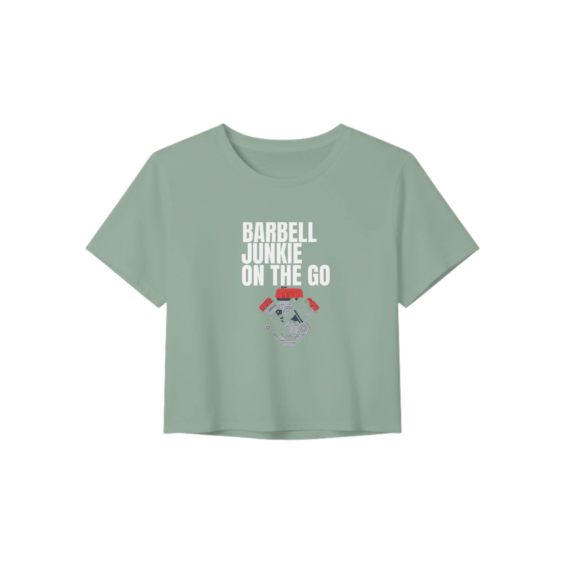 Barbell Junkie on the Go women's crop tee by Dumbbells & Hotels — road warrior gym apparel