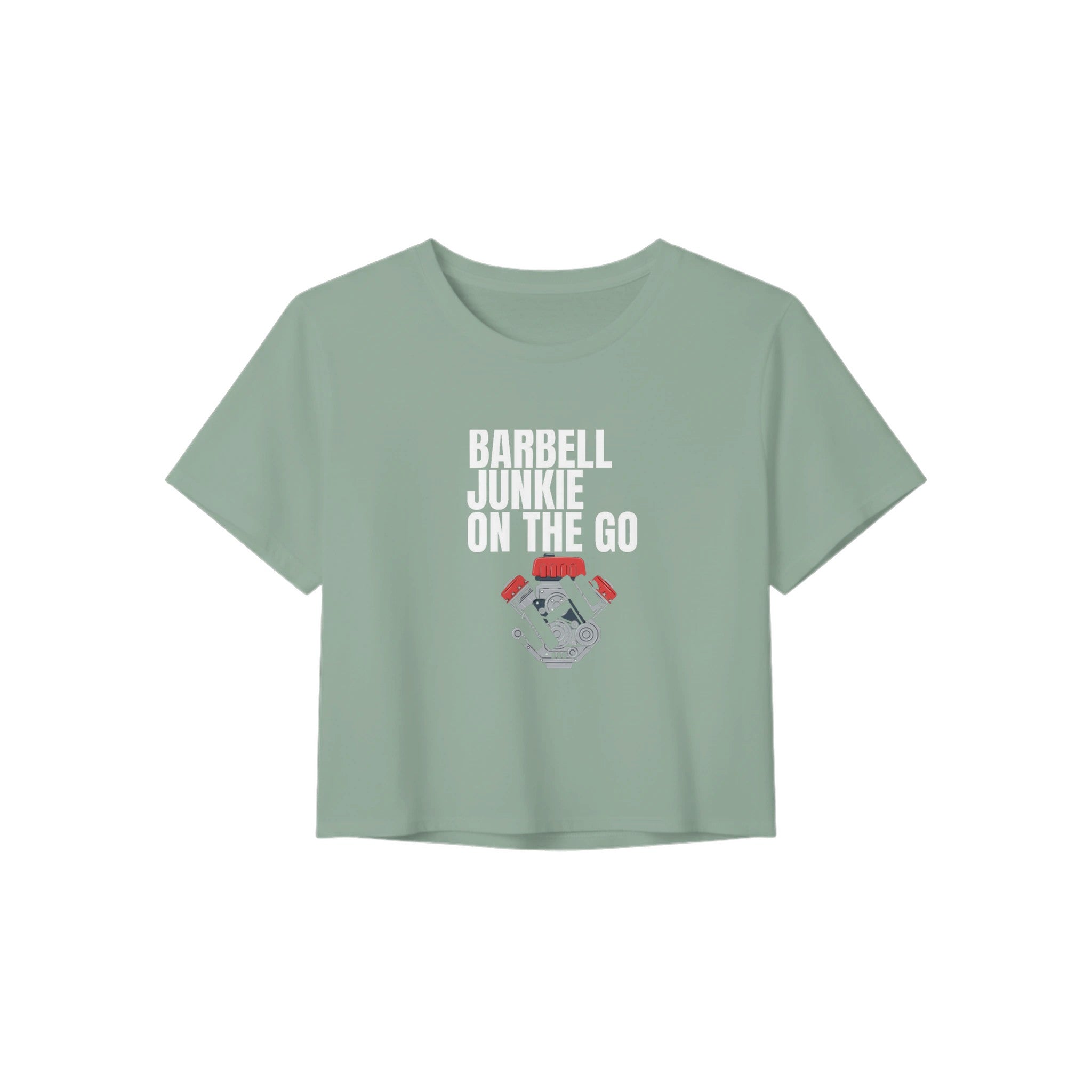 Barbell Junkie on the Go women's crop tee by Dumbbells & Hotels — road warrior gym apparel