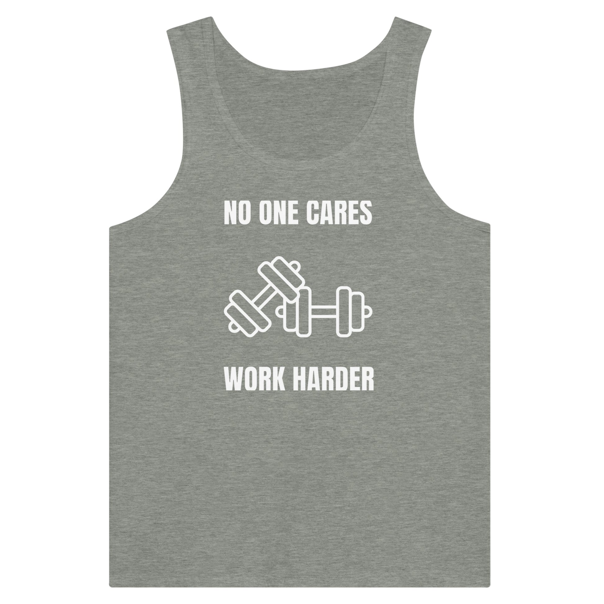 No One Cares. Work Harder premium training tank, dark edition — wrinkle-resistant, flight-tested for the 5am hotel gym | Dumbbells & Hotels