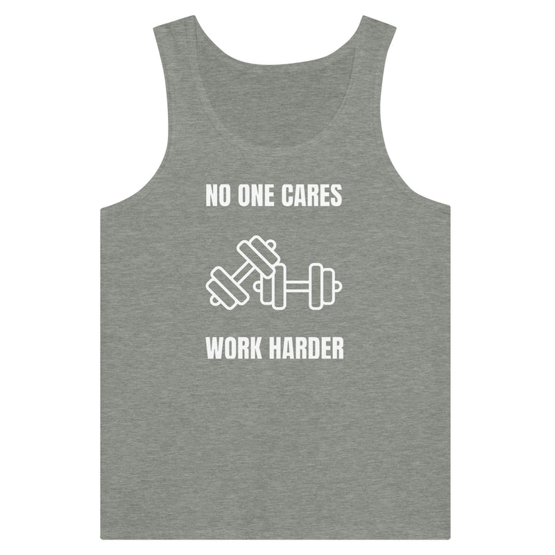No One Cares. Work Harder premium training tank, dark edition — wrinkle-resistant, flight-tested for the 5am hotel gym | Dumbbells & Hotels