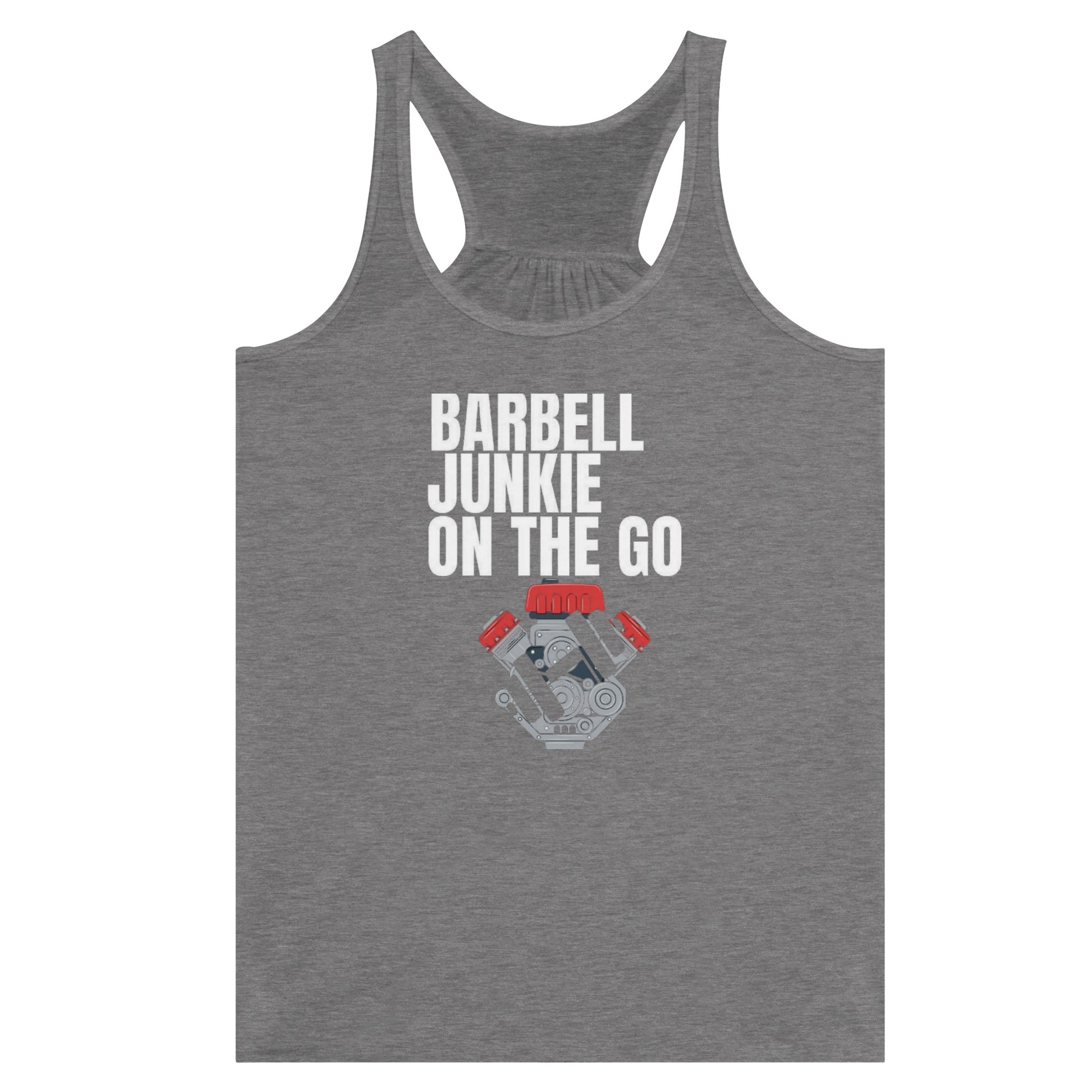 Barbell Junkie on the Go women's travel racerback tank by Dumbbells & Hotels — road warrior gym apparel
