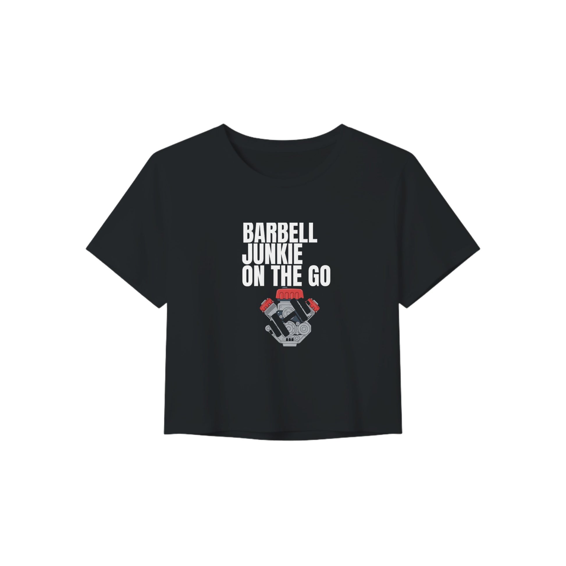 Barbell Junkie on the Go women's crop tee by Dumbbells & Hotels — road warrior gym apparel