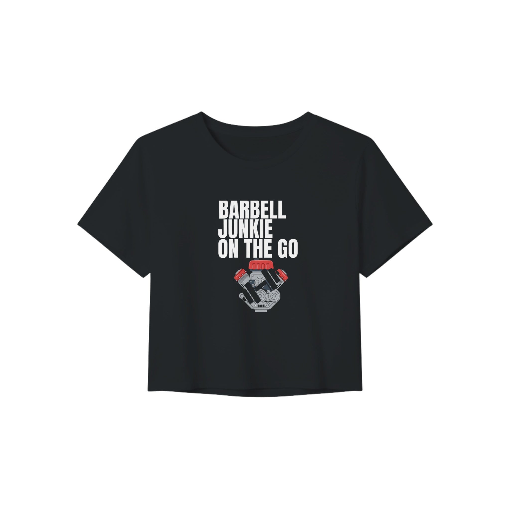 Barbell Junkie on the Go women's crop tee by Dumbbells & Hotels — road warrior gym apparel