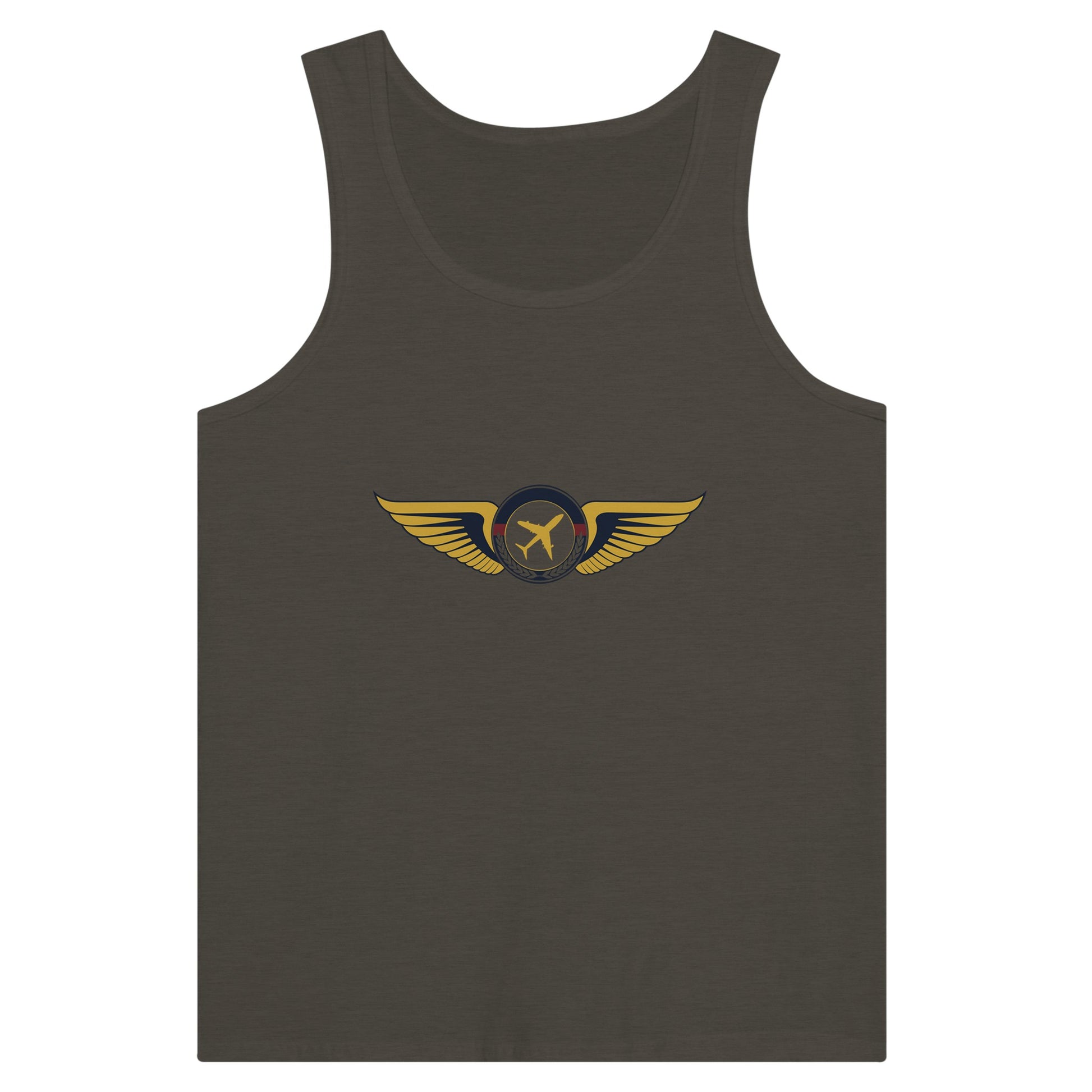Aviator Wings unisex premium travel tank top, detail view 7 — Dumbbells & Hotels
