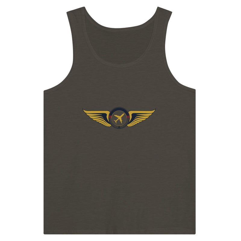 Aviator Wings unisex premium travel tank top, detail view 7 — Dumbbells & Hotels
