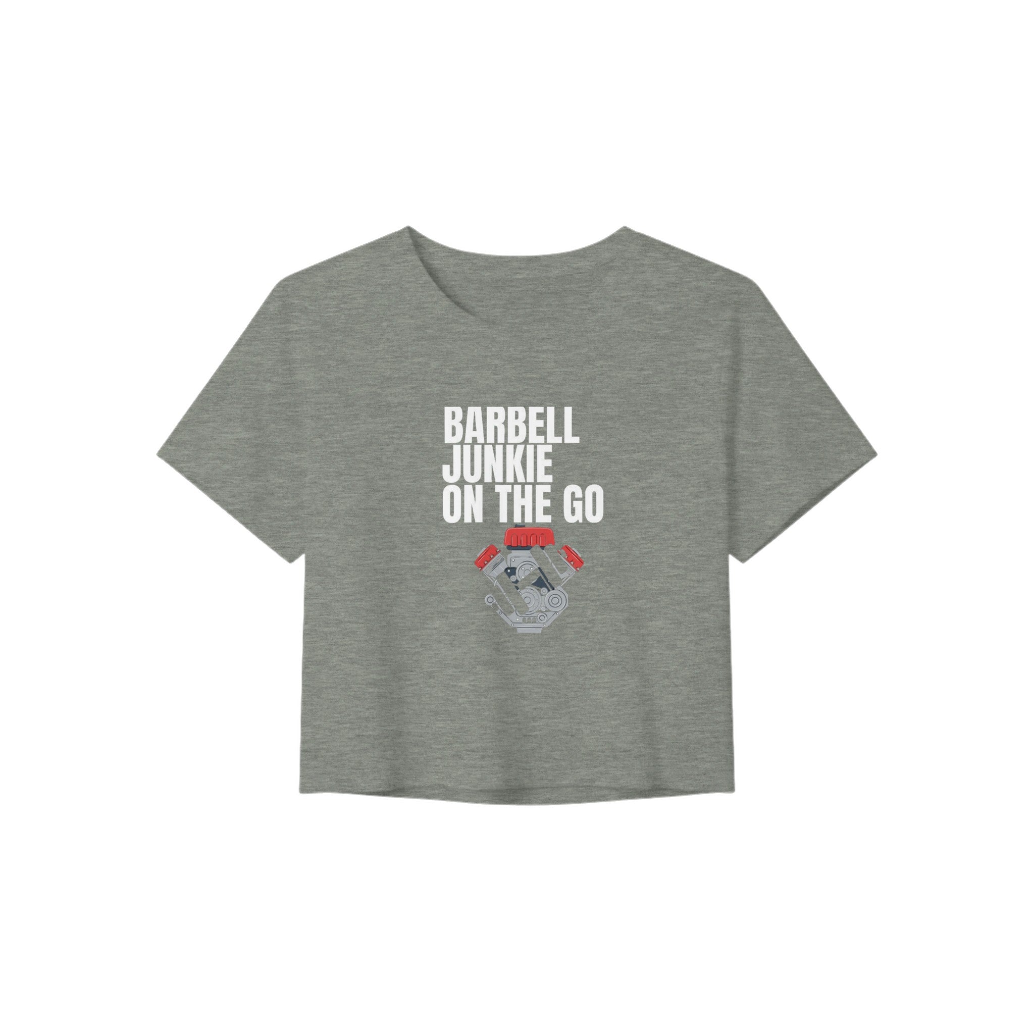 Barbell Junkie on the Go women's crop tee by Dumbbells & Hotels — road warrior gym apparel