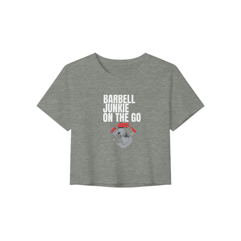 Barbell Junkie on the Go women's crop tee by Dumbbells & Hotels — road warrior gym apparel