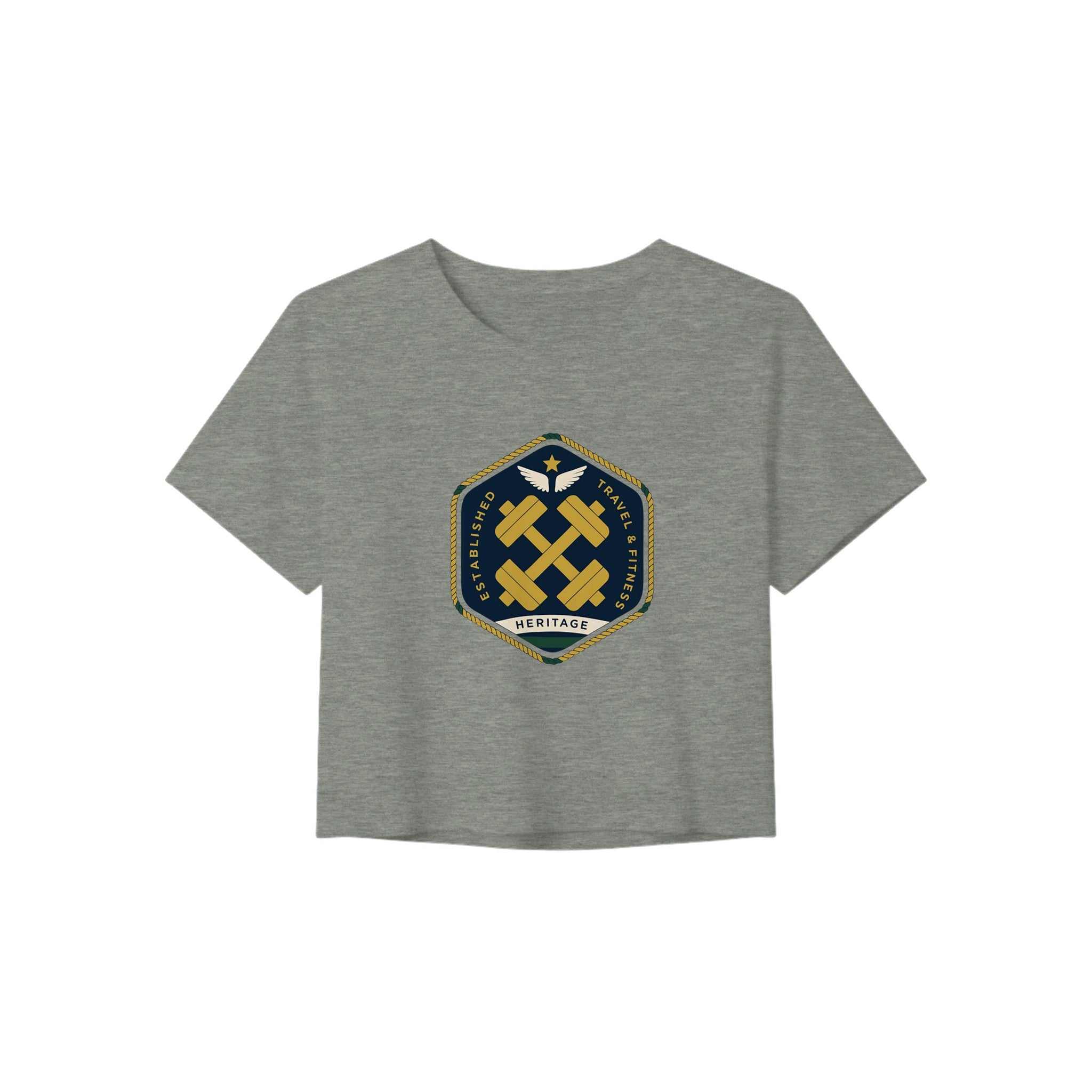 Heritage Standard crest-emblem travel crop tee, Dumbbells & Hotels road warrior apparel