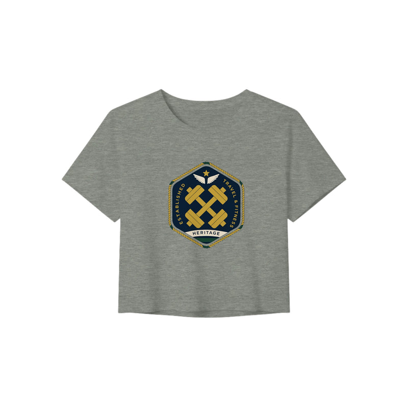 Heritage Standard crest-emblem travel crop tee, Dumbbells & Hotels road warrior apparel