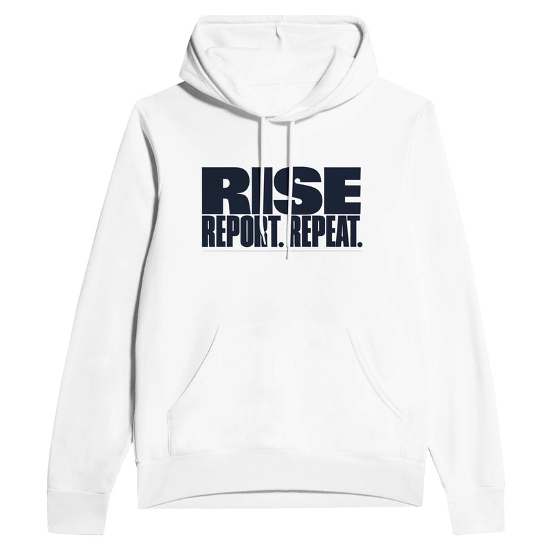 Rise. Report. Repeat. Hoodie | Dumbbells & Hotels - Rise. Report. Repeat. design, hoodie product photo