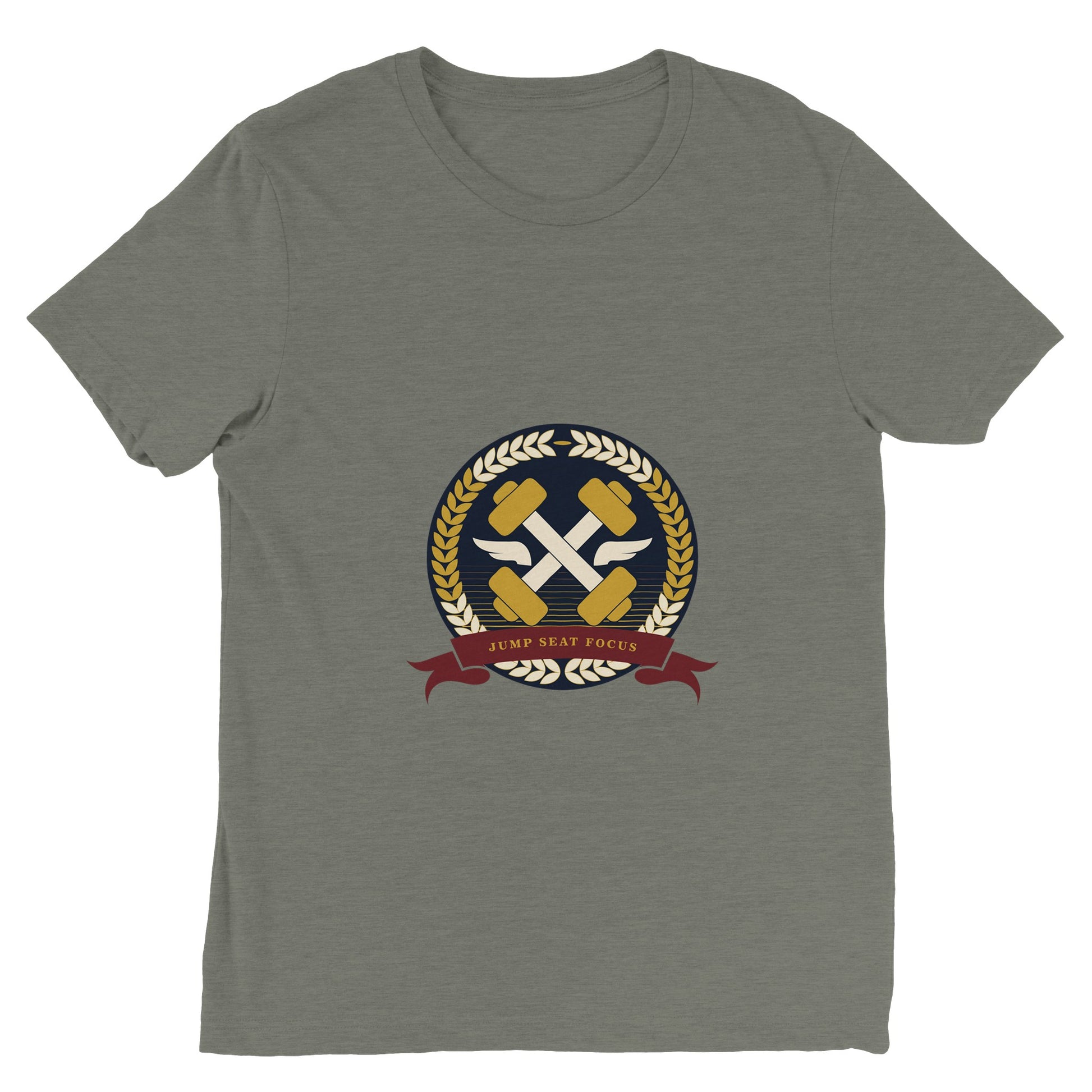 Dumbbells & Hotels unisex triblend tee with the Jump Seat Focus crest (gold laurel ring, crossed dumbbells over aviator wings, burgundy ribbon) - product shot 16 of 19