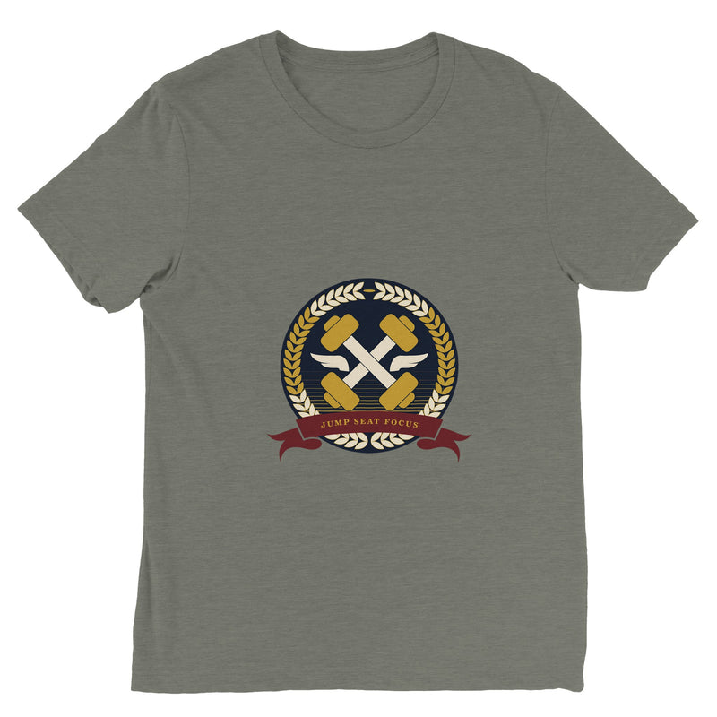 Dumbbells & Hotels unisex triblend tee with the Jump Seat Focus crest (gold laurel ring, crossed dumbbells over aviator wings, burgundy ribbon) - product shot 16 of 19