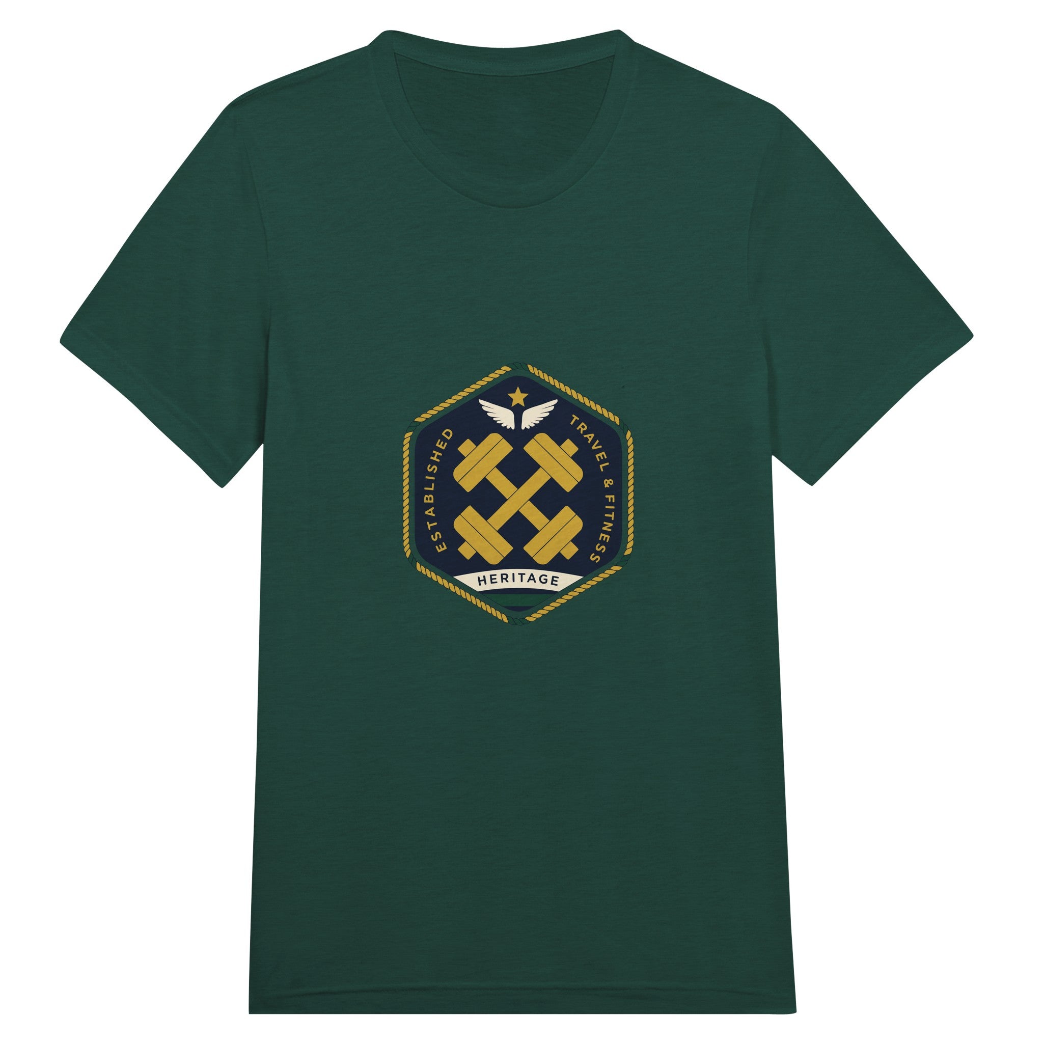 Heritage Standard crest-emblem travel tee, Dumbbells & Hotels road warrior apparel