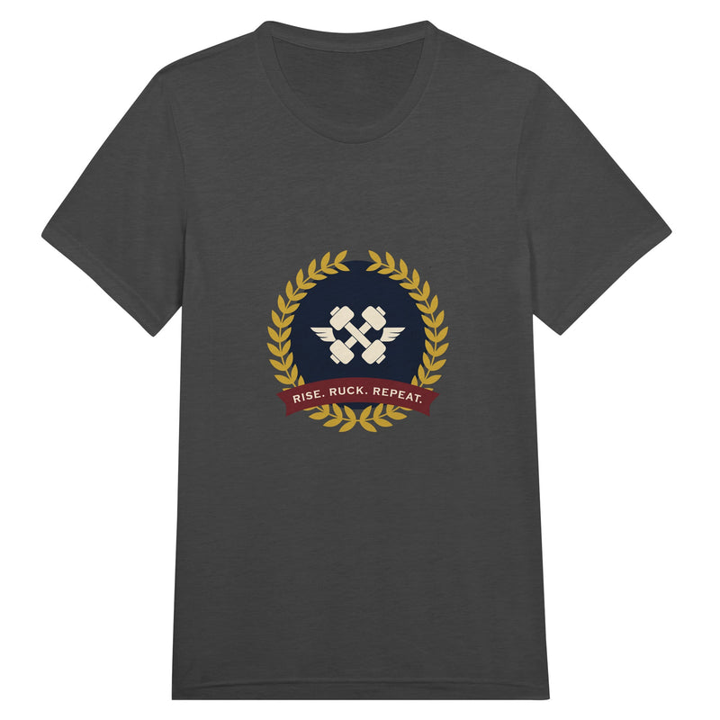 Rise. Ruck. Repeat. unisex triblend tee in Triblend Charcoal Black — packable travel training apparel from Dumbbells & Hotels