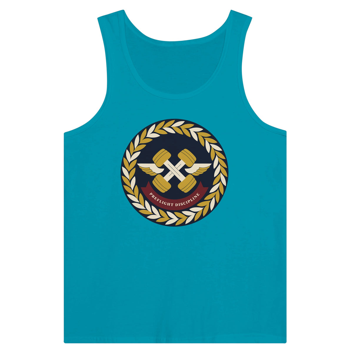 Preflight Discipline unisex tank top for travelling professionals, printed with a laurel-wreath crest with crossed dumbbells, aviator wings and a PREFLIGHT DISCIPLINE banner — product photo 13 of 18