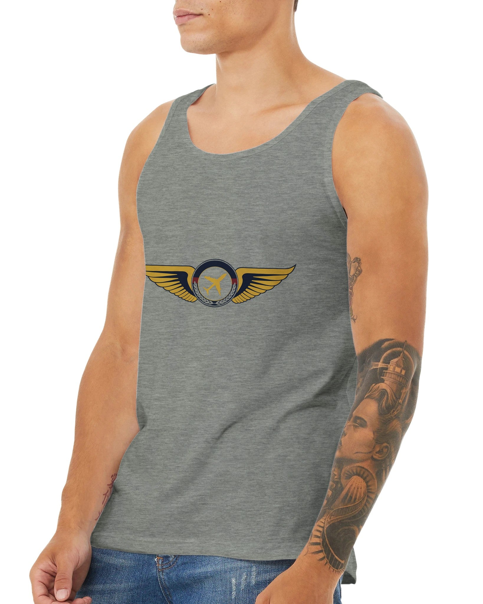 Aviator Wings unisex premium travel tank top, flat lay 18 — Dumbbells & Hotels