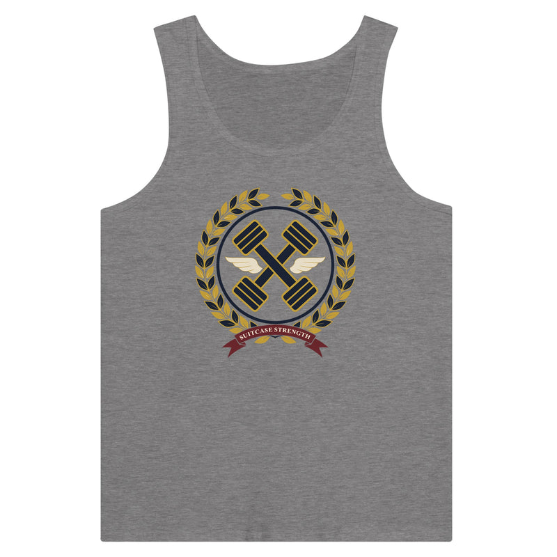 Suitcase Strength unisex premium tank top for travelling professionals, printed with a gold laurel-wreath crest with navy crossed dumbbells, cream aviator wings and a SUITCASE STRENGTH ribbon — product photo 10 of 18