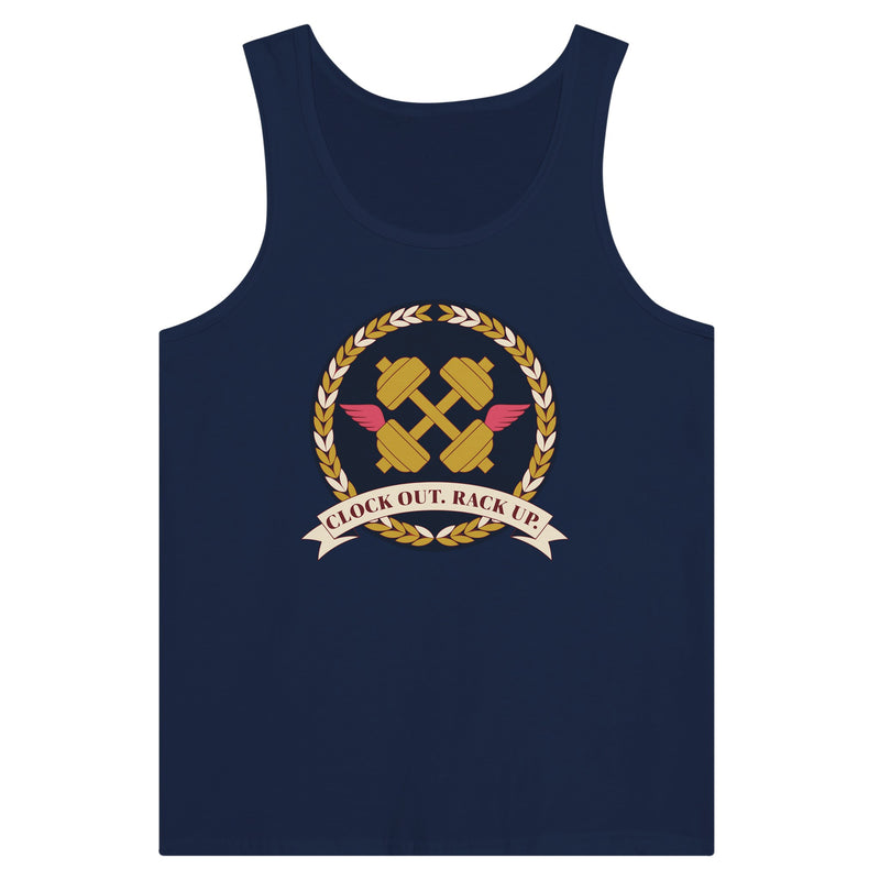 Clock Out. Rack Up. crest design on a Dumbbells and Hotels unisex tank top