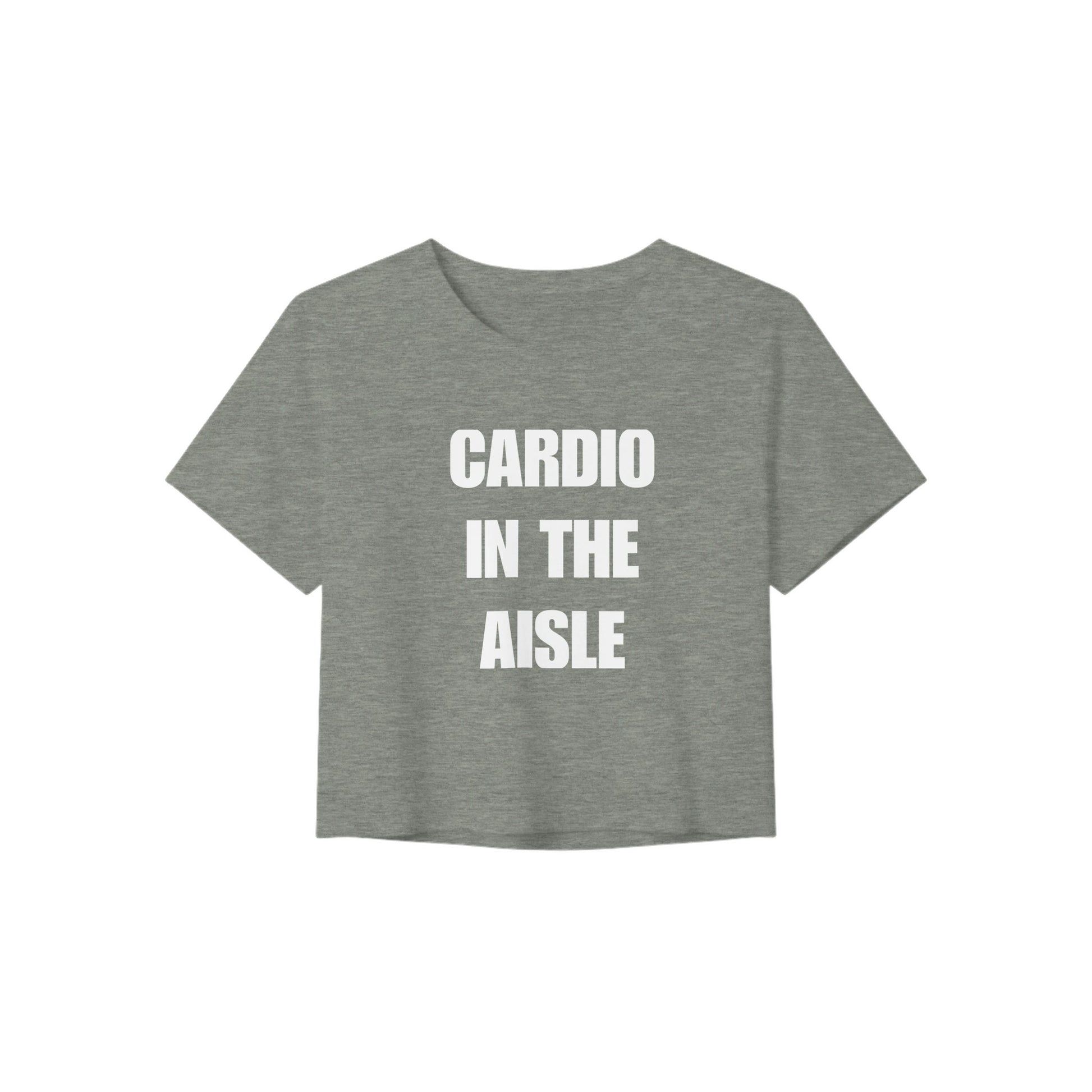 cropped travel tee colorway, white Cardio in the Aisle print, technical tailored fit