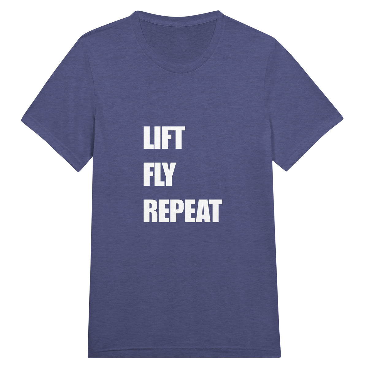 Lift Fly Repeat unisex triblend tee for travelling professionals, printed with a laurel-wreath crest with crossed dumbbells, aviator wings and a LIFT. FLY. REPEAT. ribbon — product photo 2 of 19