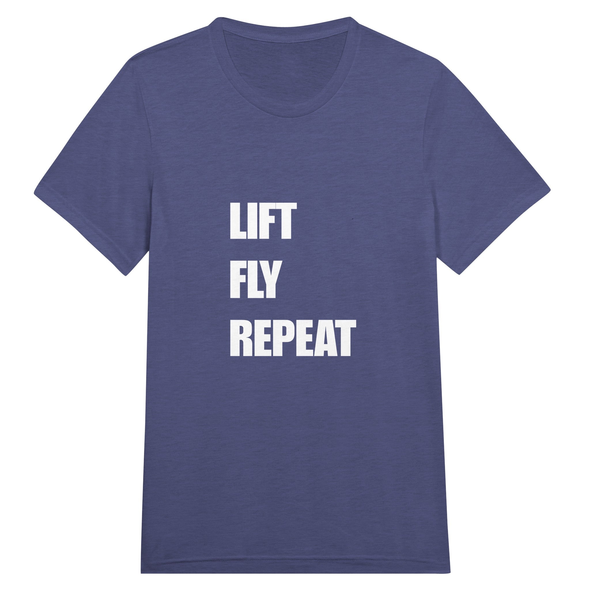 Lift Fly Repeat unisex triblend tee for travelling professionals, printed with a laurel-wreath crest with crossed dumbbells, aviator wings and a LIFT. FLY. REPEAT. ribbon — product photo 2 of 19