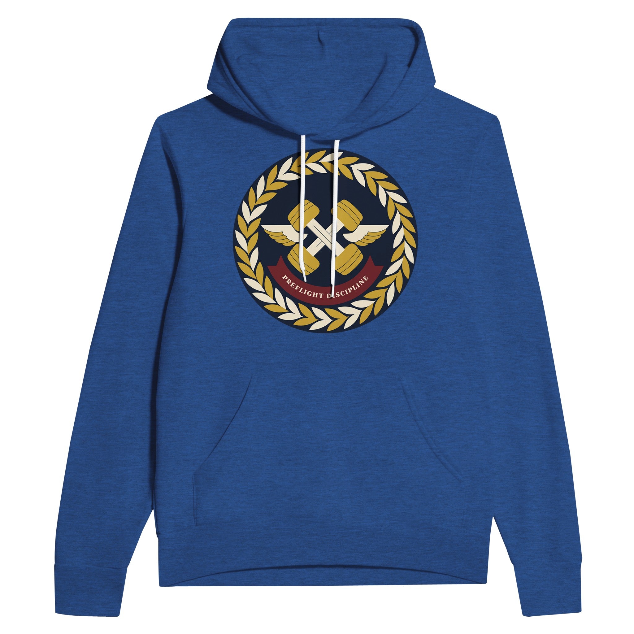 Preflight Discipline unisex pullover hoodie for travelling professionals, printed with a laurel-wreath crest with crossed dumbbells, aviator wings and a PREFLIGHT DISCIPLINE banner — product photo 2 of 12