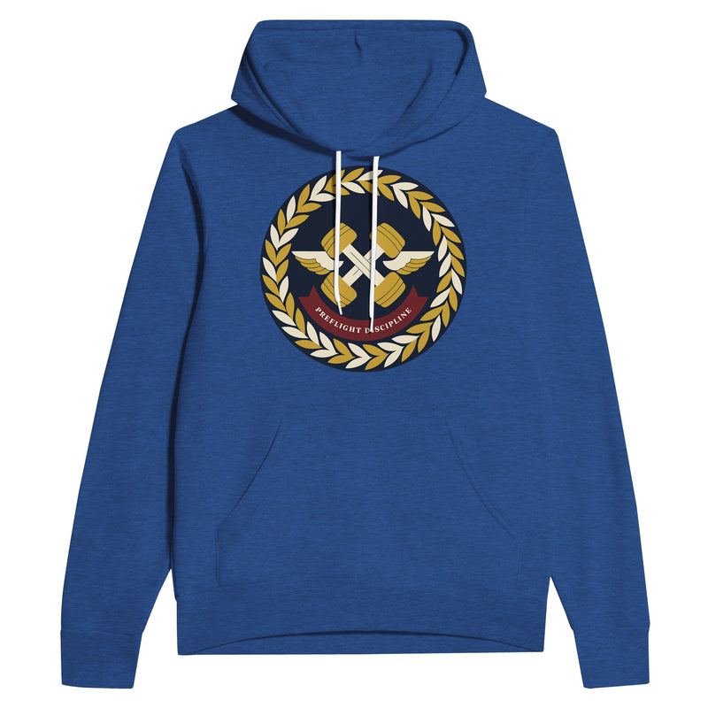 Preflight Discipline unisex pullover hoodie for travelling professionals, printed with a laurel-wreath crest with crossed dumbbells, aviator wings and a PREFLIGHT DISCIPLINE banner — product photo 2 of 12