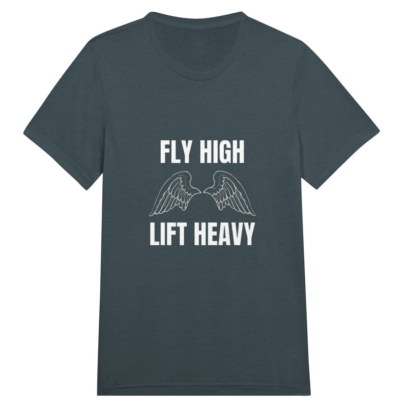 Fly High, Lift Heavy Wingspan Travel Tee in Solid Dark Grey Triblend — executive travel tee by Dumbbells & Hotels