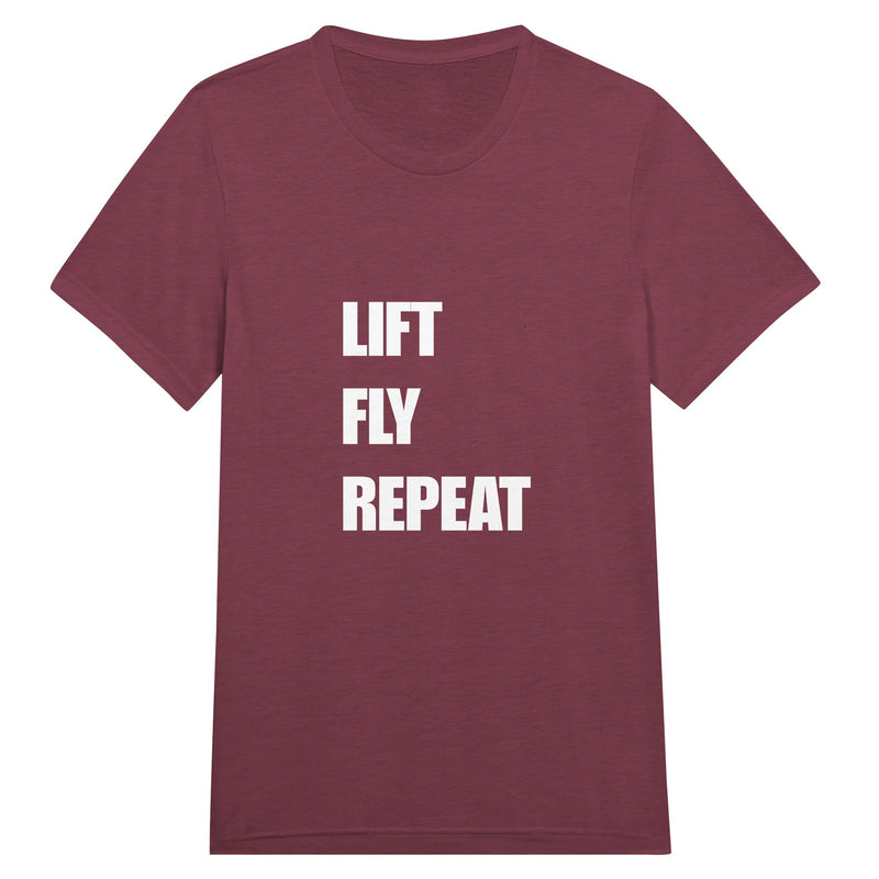 Lift Fly Repeat unisex triblend tee for travelling professionals, printed with a laurel-wreath crest with crossed dumbbells, aviator wings and a LIFT. FLY. REPEAT. ribbon — product photo 12 of 19