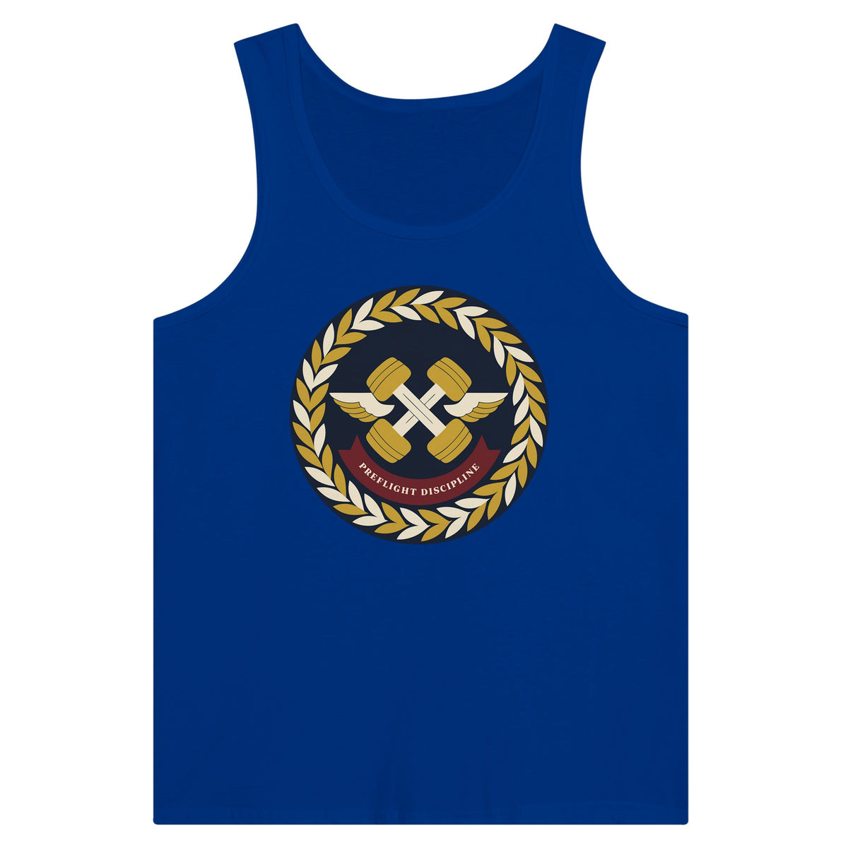 Preflight Discipline unisex tank top for travelling professionals, printed with a laurel-wreath crest with crossed dumbbells, aviator wings and a PREFLIGHT DISCIPLINE banner — product photo 4 of 18