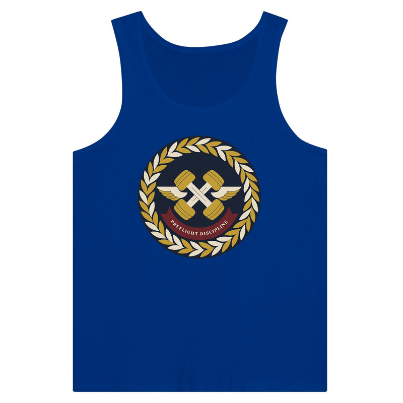 Preflight Discipline unisex tank top for travelling professionals, printed with a laurel-wreath crest with crossed dumbbells, aviator wings and a PREFLIGHT DISCIPLINE banner — product photo 4 of 18