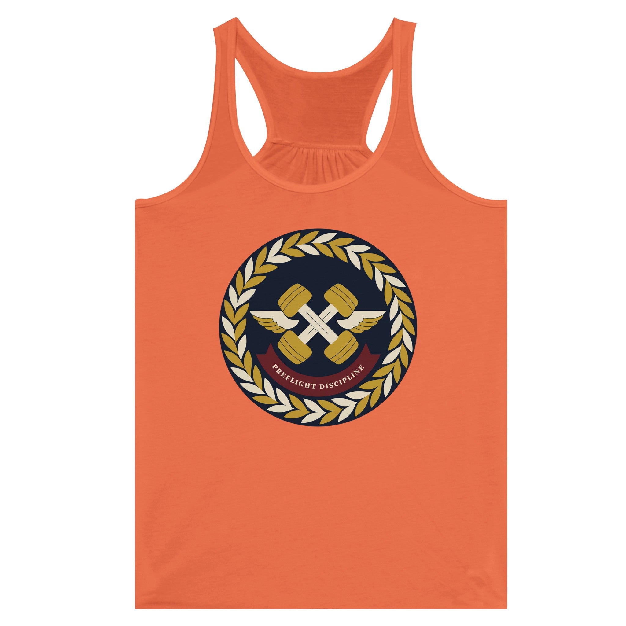 Preflight Discipline women's racerback tank for travelling professionals, printed with a laurel-wreath crest with crossed dumbbells, aviator wings and a PREFLIGHT DISCIPLINE banner — product photo 2 of 13