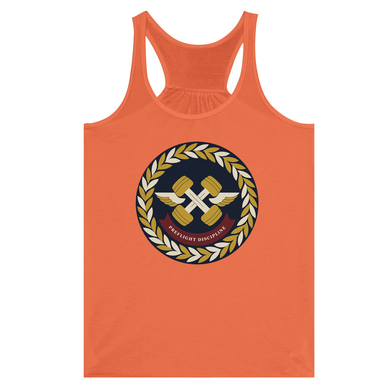 Preflight Discipline women's racerback tank for travelling professionals, printed with a laurel-wreath crest with crossed dumbbells, aviator wings and a PREFLIGHT DISCIPLINE banner — product photo 2 of 13