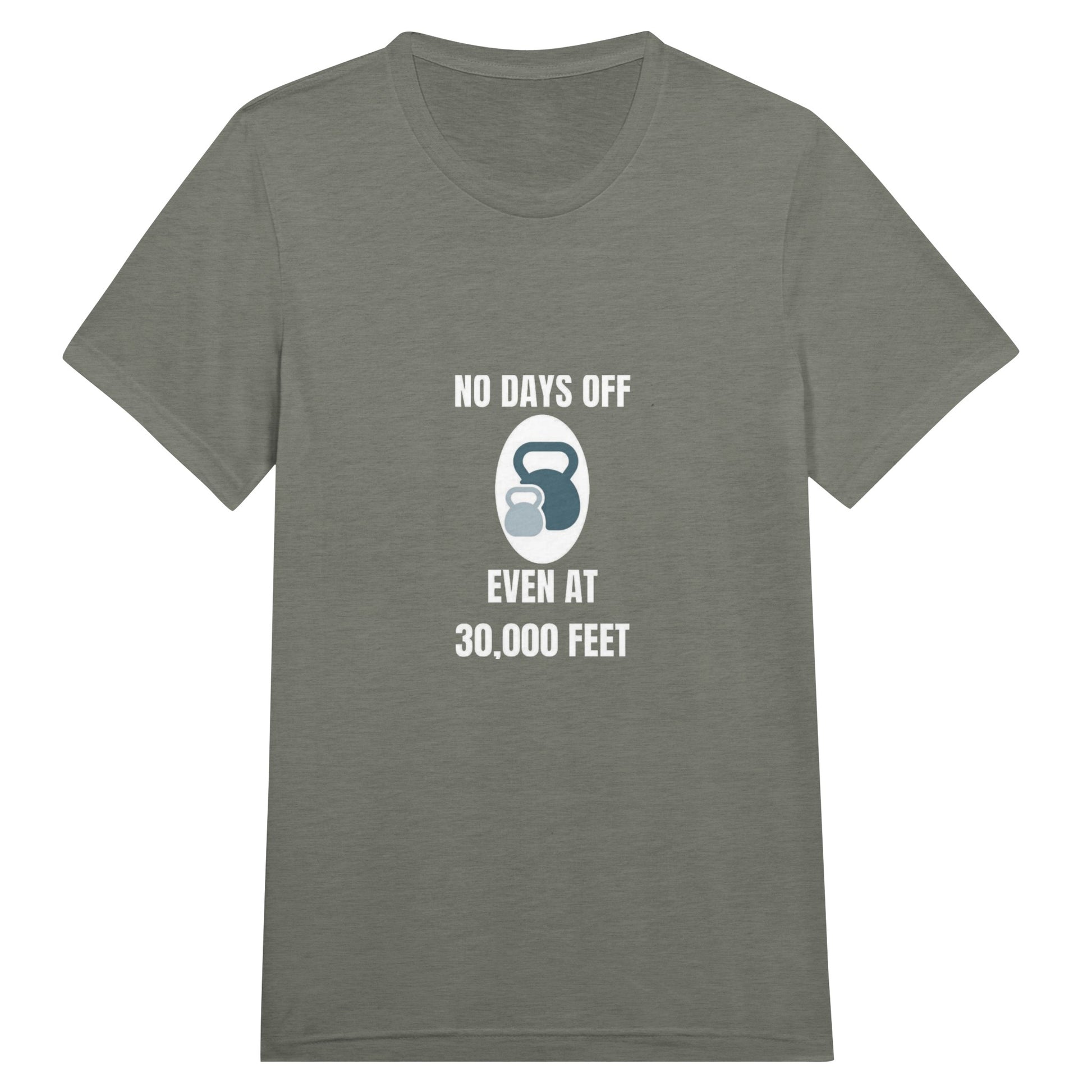 No Days Off Even at 30,000 Feet unisex triblend tee in Grey Triblend — packable travel training apparel from Dumbbells & Hotels