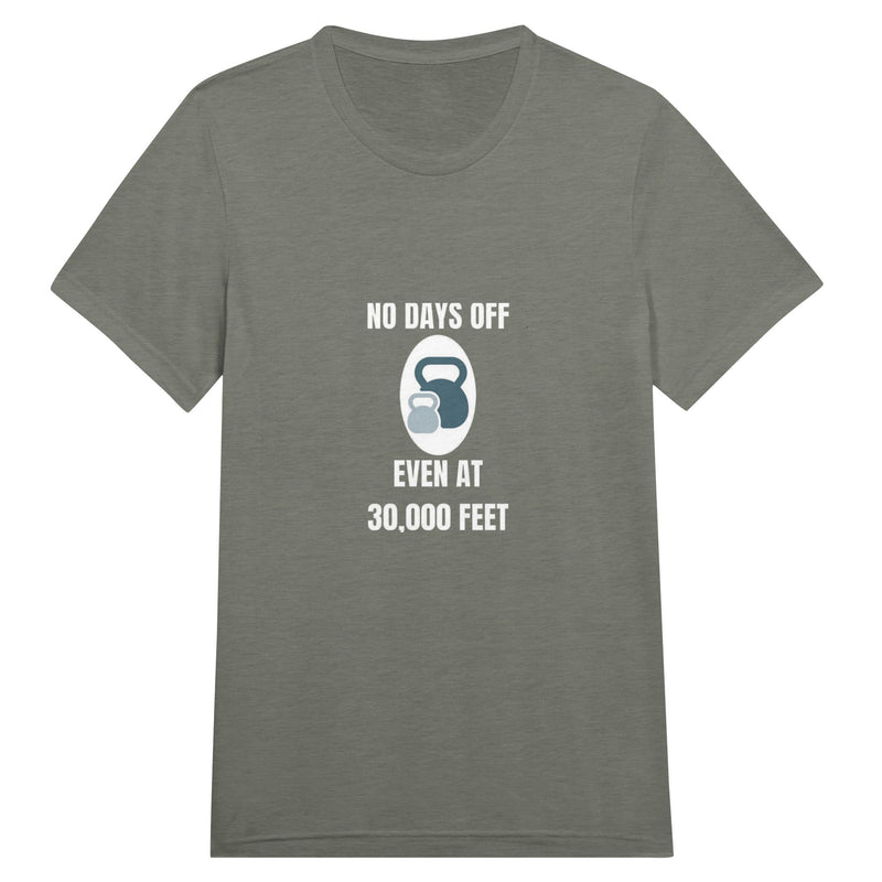 No Days Off Even at 30,000 Feet unisex triblend tee in Grey Triblend — packable travel training apparel from Dumbbells & Hotels