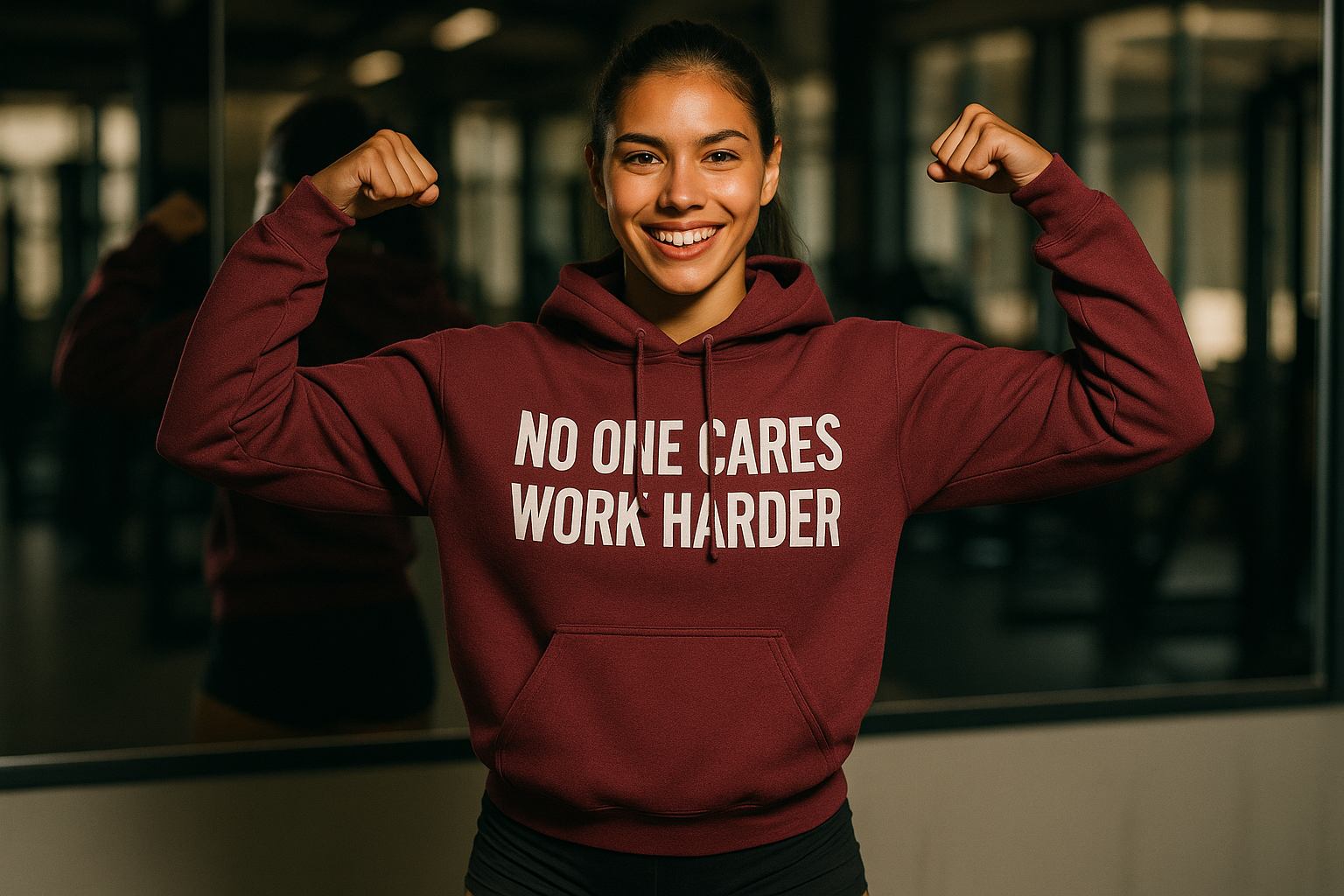 No One Cares. Work Harder performance hoodie — technical tailored fit for the traveling professional | Dumbbells & Hotels