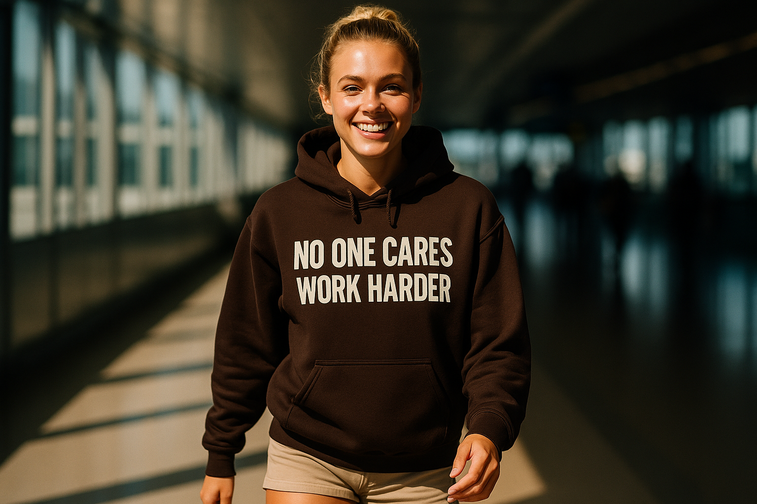 No One Cares. Work Harder hoodie — veteran-founded travel fitness apparel, flight tested | Dumbbells & Hotels