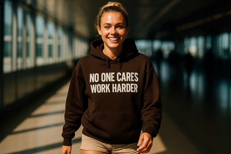 No One Cares. Work Harder hoodie — veteran-founded travel fitness apparel, flight tested | Dumbbells & Hotels