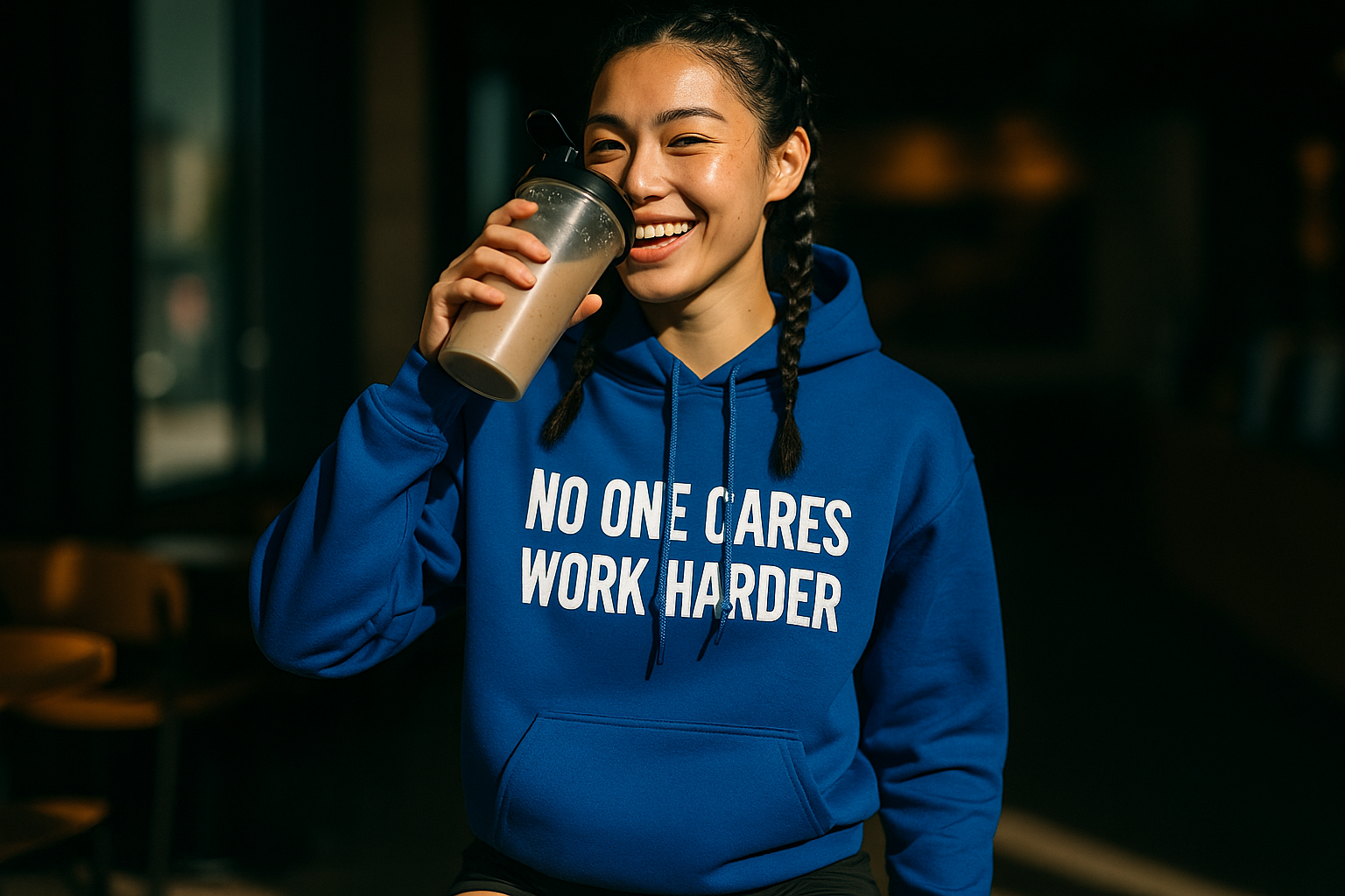 No One Cares. Work Harder performance hoodie — packs light, built for travel days | Dumbbells & Hotels