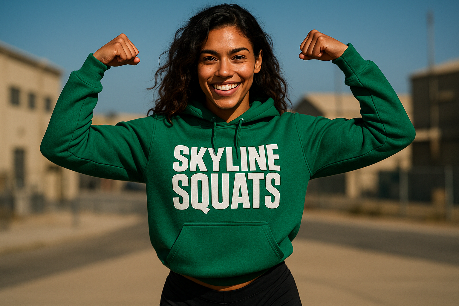 Skyline Squats Road Warrior Hoodie — Dumbbells & Hotels