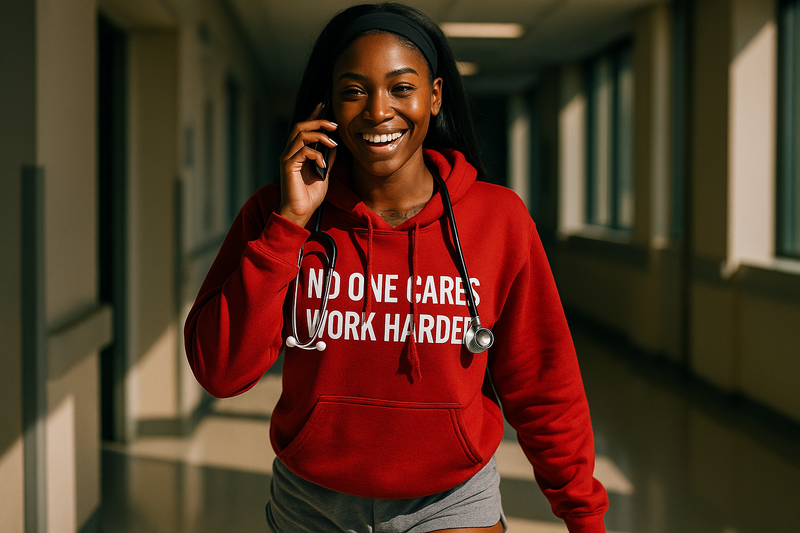No One Cares. Work Harder performance hoodie in red — wrinkle-resistant, layover-ready for the hotel gym | Dumbbells & Hotels