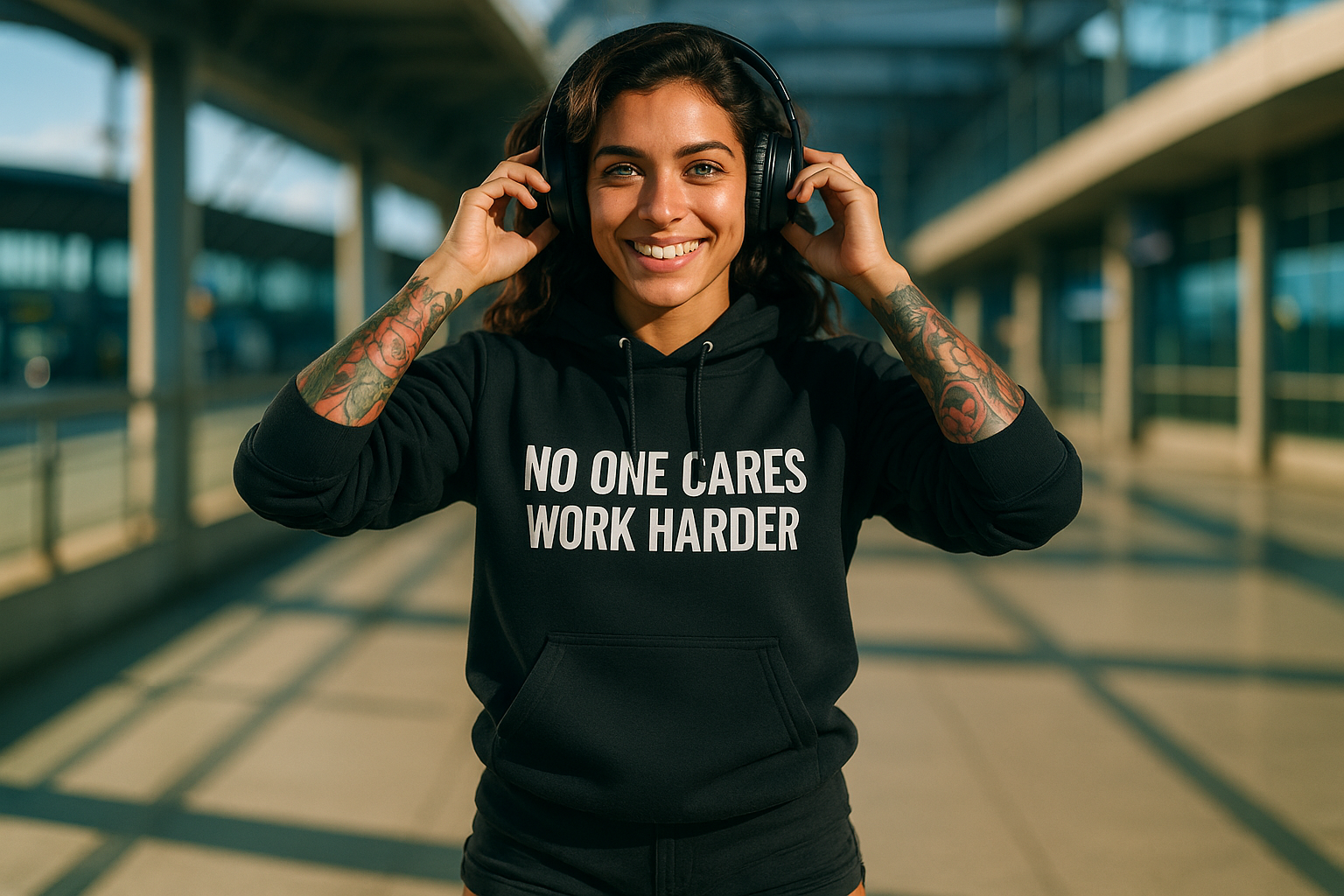 "No One Cares. Work Harder" Unisex Hoodie White Text Impact by Dumbbells and Hotels
