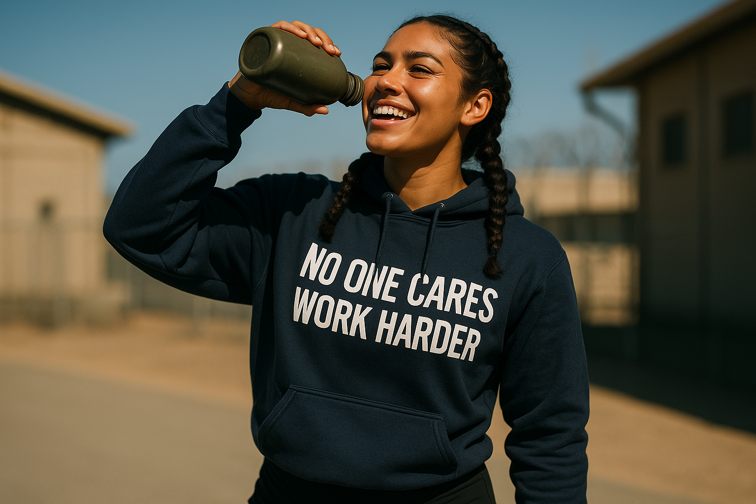 No One Cares. Work Harder travel hoodie, front view — layover-ready, designed by pilots for the road warrior | Dumbbells & Hotels
