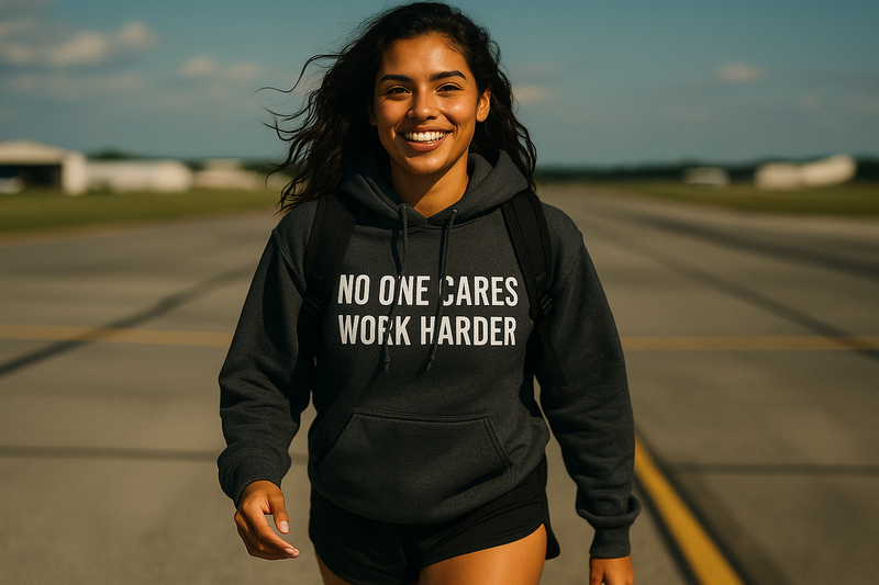 No One Cares. Work Harder travel hoodie — capsule-wardrobe layer for pilots and flight crews | Dumbbells & Hotels
