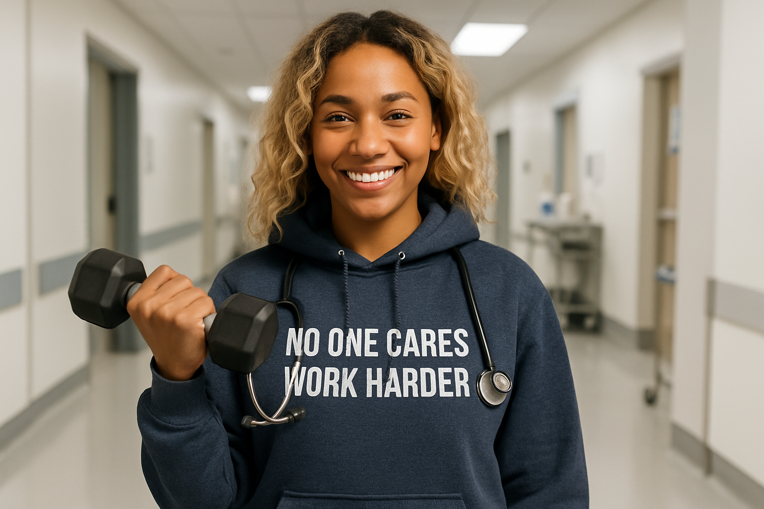 No One Cares. Work Harder performance hoodie in heather sport dark — wrinkle-resistant travel fitness layer | Dumbbells & Hotels