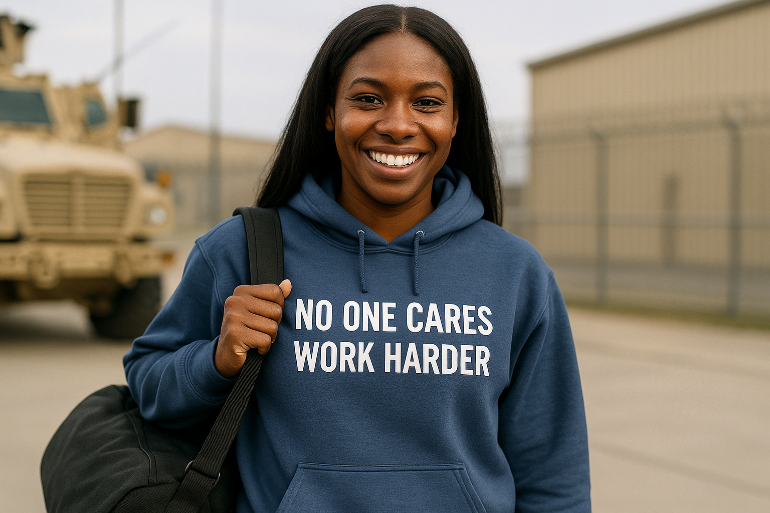 No One Cares. Work Harder performance hoodie in indigo blue — soft fleece, designed by pilots for the road warrior | Dumbbells & Hotels