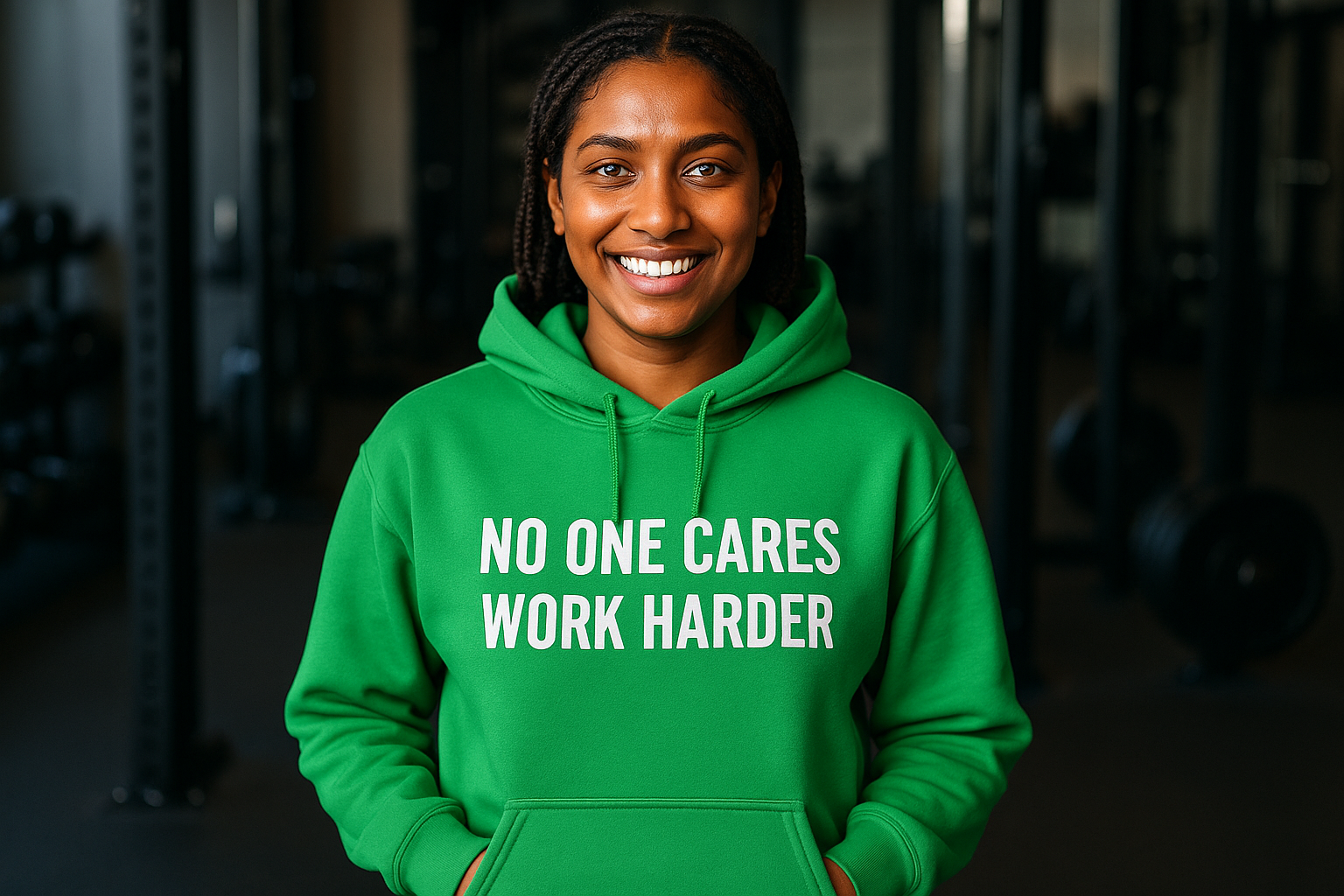 No One Cares. Work Harder performance hoodie in irish green — flight-tested for the hotel gym | Dumbbells & Hotels