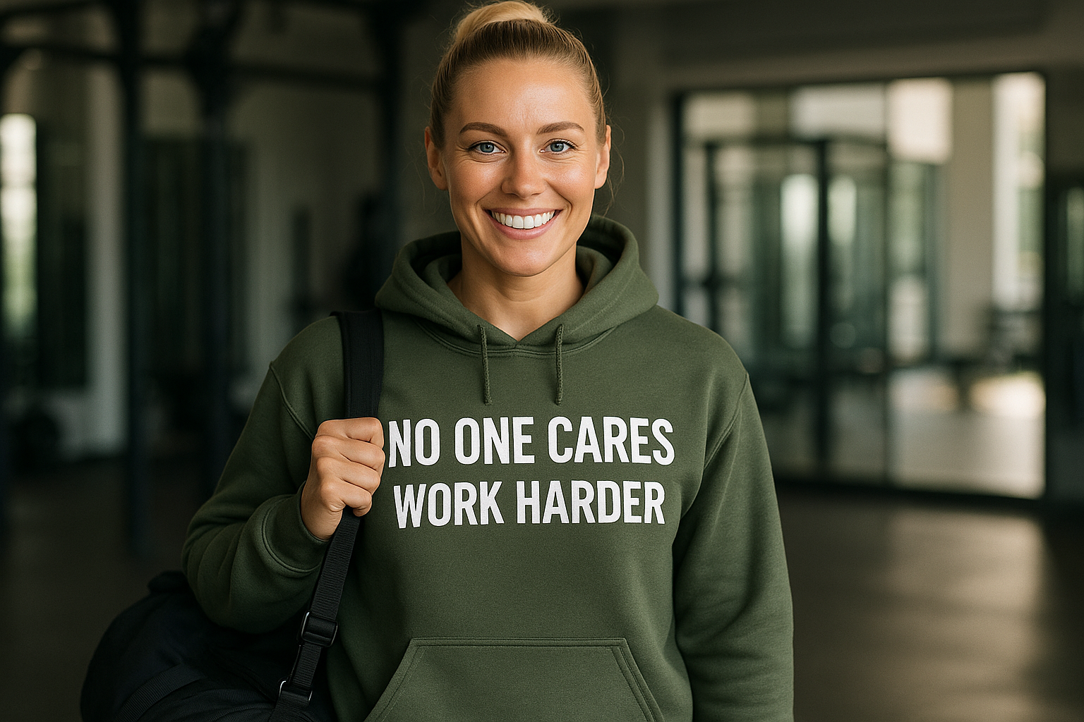 No One Cares. Work Harder performance hoodie in military green — veteran-founded, layover-ready | Dumbbells & Hotels